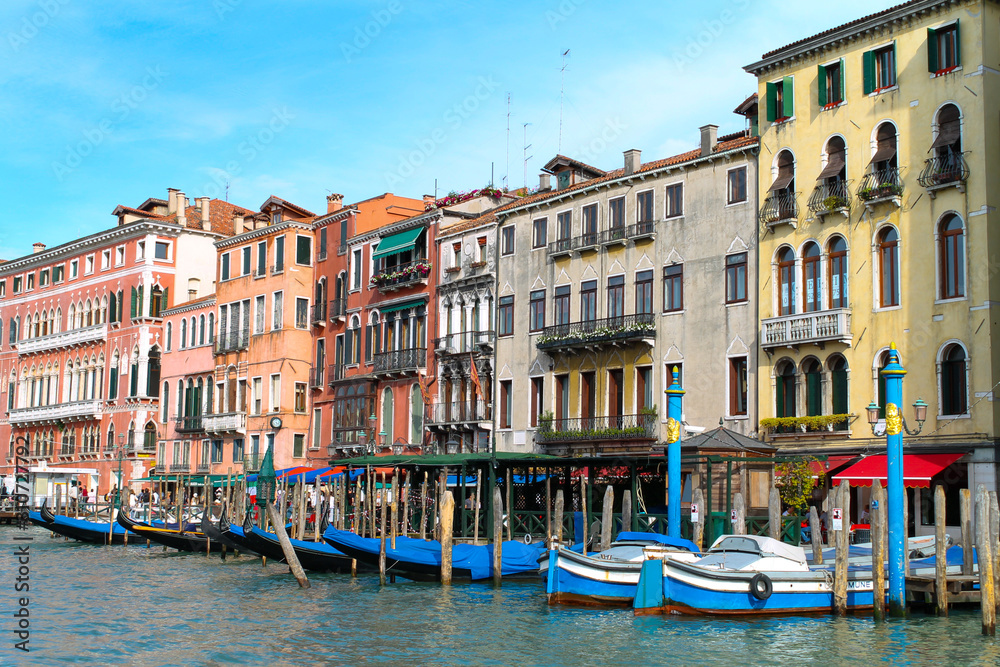 Grand canal in Venice, Italy showing great architecture, water, city, sea boat. Shot at bright summer day. Tourist destination.