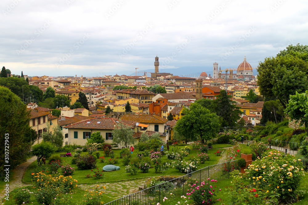 Aerial view of Florence Italy, beautiful old city full of historical amazing buildings, cathedrals and bridges. 