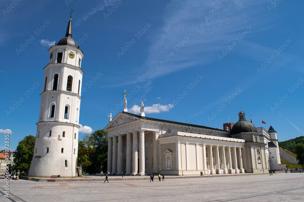 Facade and tower of Vilnius Cathedral in Lithuania