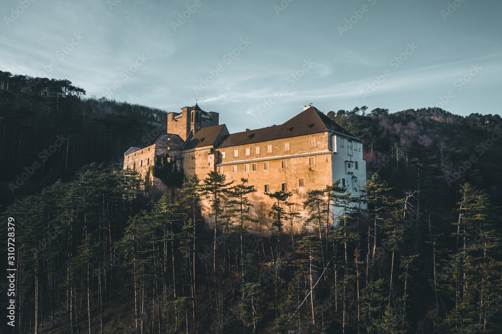 Aerial view of Stixenstein Castle in beautiful evening light