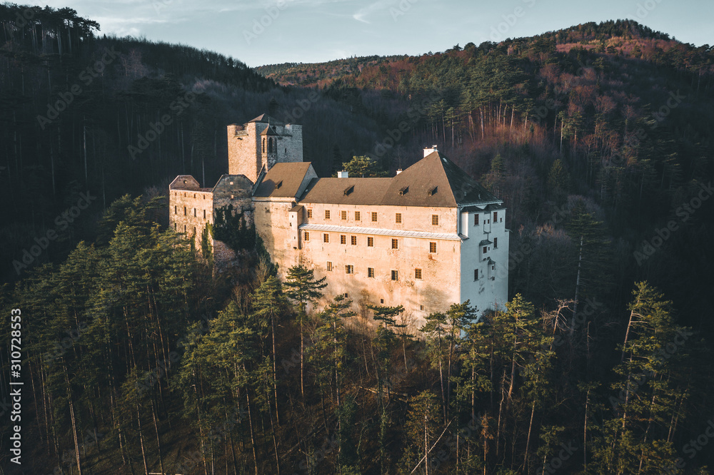 Aerial view of Stixenstein Castle in beautiful evening light