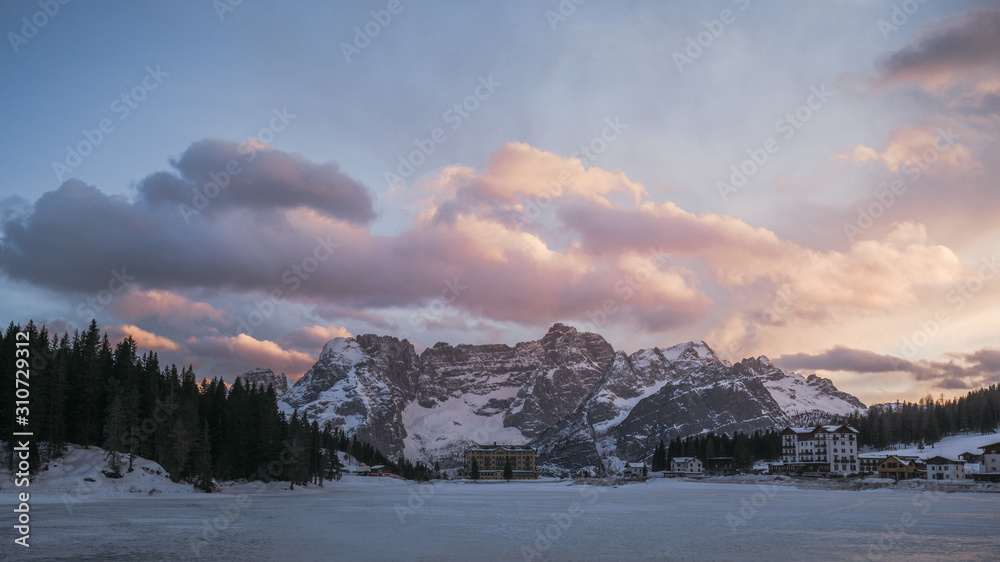 Colorful winter mountain scene in the Dolomites mountains, Italy.