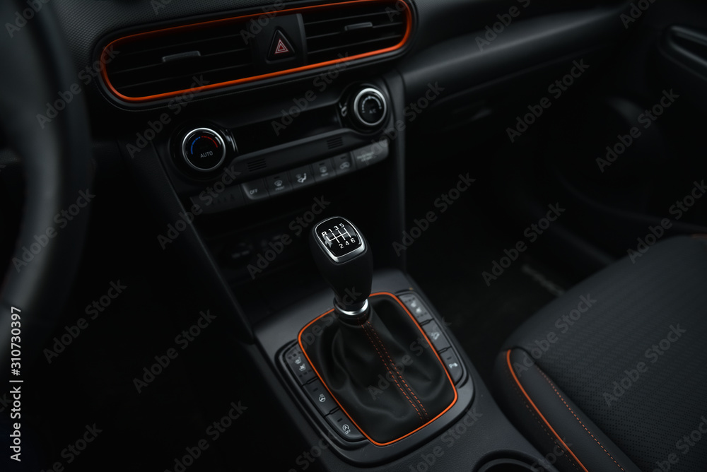 interior of a car. manual gearbox shifter.