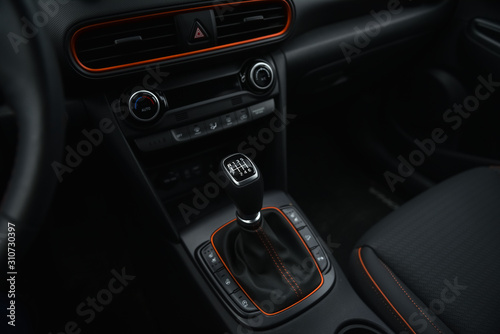 interior of a car. manual gearbox shifter.