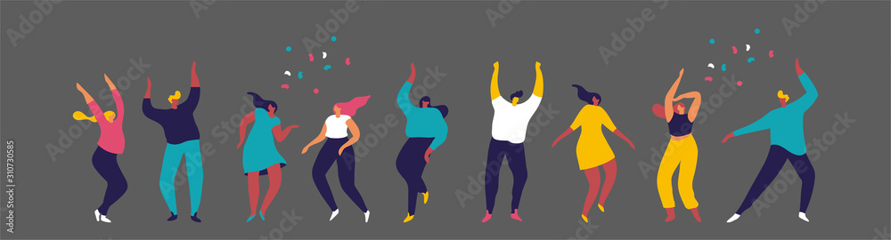 Dancing people flat vector set. Young people having fun. Party. Celebration. - obrazy, fototapety, plakaty 
