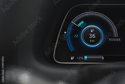 Electric vehicle speedometer, battery level on black background
