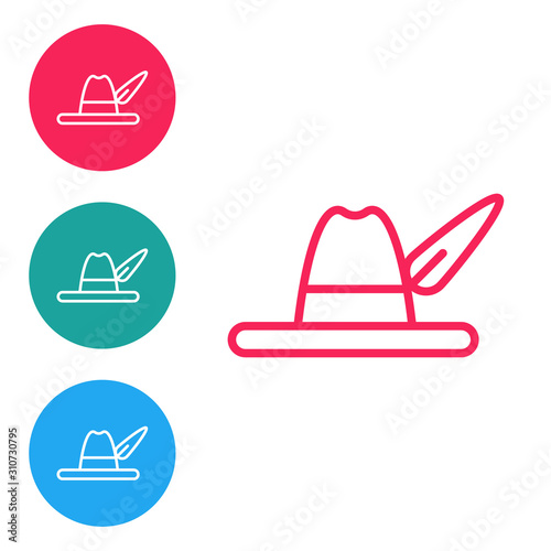 Red line Oktoberfest hat icon isolated on white background. Hunter hat with feather. German hat. Set icons in circle buttons. Vector Illustration