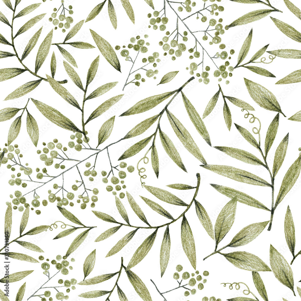 green leaves branches and flowers, freehand drawing in pencil illustration, seamless pattern