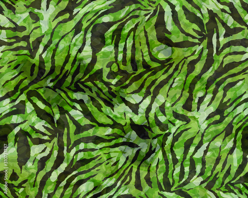 Full seamless wallpaper for zebra and tiger stripes animal skin pattern. Black and green ornamental design for textile fabric printing. Fashionable and home design fit.