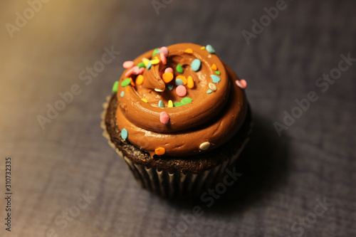 Single chocolate cupcake with cream hood close up