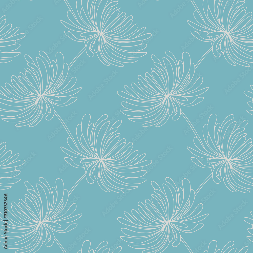 Chrysanthemum floral hand drawn seamless pattern. Line elements on blue background. Good for fabric, textile, wrapping paper, wallpaper, kitchen design, packaging, paper, print, etc. 