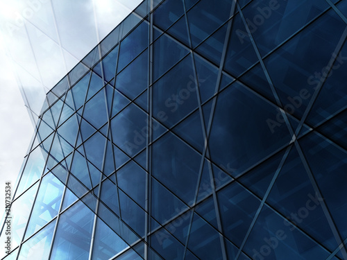 Collage photo of structural glazing. Realistic though unreal modern architecture fragment featuring glass facade wall panels. Abstract urban background with transparent grid pattern.