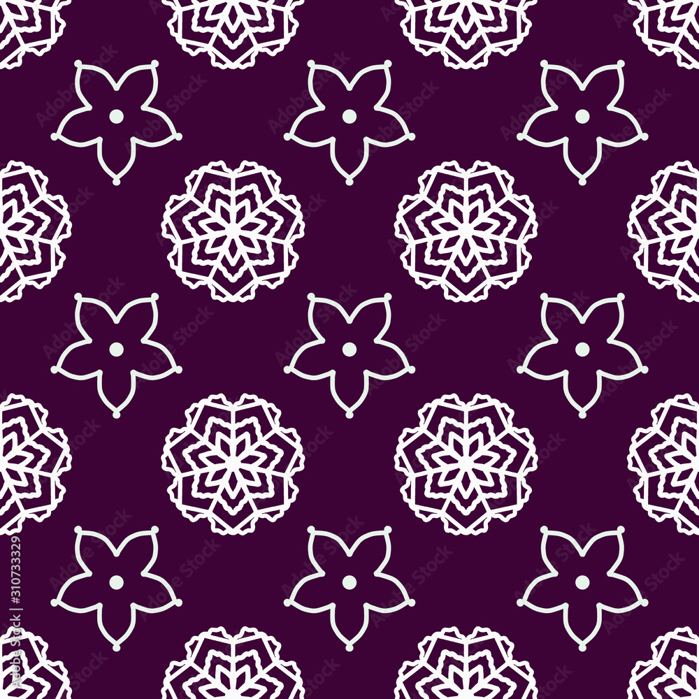 Purple tile pattern  seamless with floral ornaments. Flower Texture for kitchen wallpaper or bathroom flooring. can be used as wrapping paper, background, fabric print, web page backdrop, wallpaper