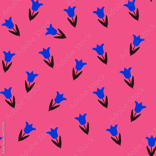 Light Coral Trendy Wildflower blue tulip seamless pattern . Spring florals on background, texture, wrapper pattern