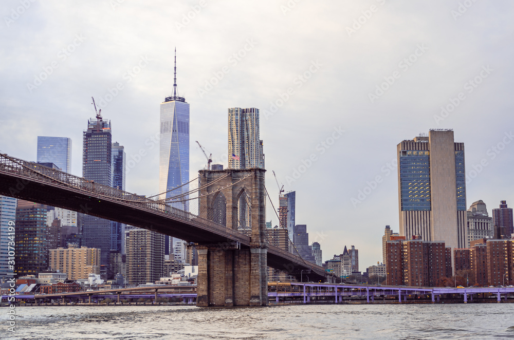 New York City Skyline at dusk, Brooklyn Bridge, Manhattan