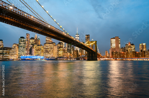 New York City Skyline at dusk, Brooklyn Bridge, USA