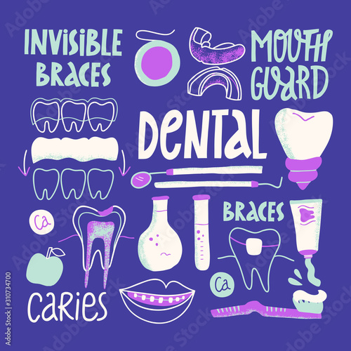 Dental concept background. Mouthguard. Orthodontic silicone trainer. Invisible braces aligner. Human teeth or dentures. Hand-drawn cartoon illustration.