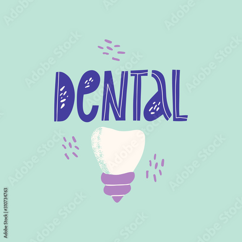 Tooth human implant. Dental concept. Human teeth or dentures. Hand-drawn cartoon illustration.