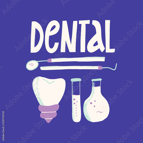 Dental model and dental equipment on a blue background, concept image of the dental background. Hand-drawn illustration.