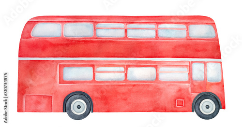 Bright red double-decker bus with light blue windows and black wheels. Handdrawn water color sketchy draw, cutout clipart element for design decoration, poster, banner, sticker, print, greeting card.