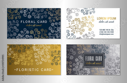 Visiting card design template set. Elegant blooming gypsophila flower branches on the white, gold, silver and dark blue backgrounds. EPS 10 vector illustration.