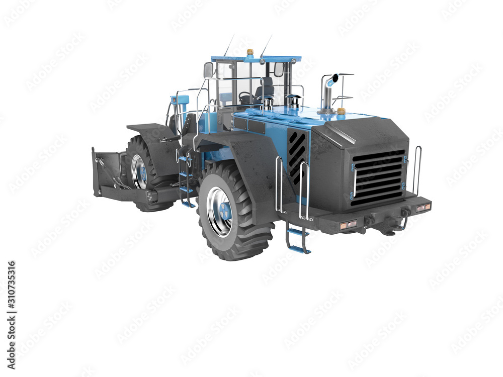 Blue wheel bulldozer for working with stones 3D rendering on white background no shadow
