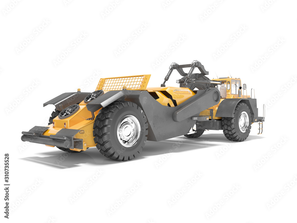 Land transport machine scraper 3D rendering on white background with shadow