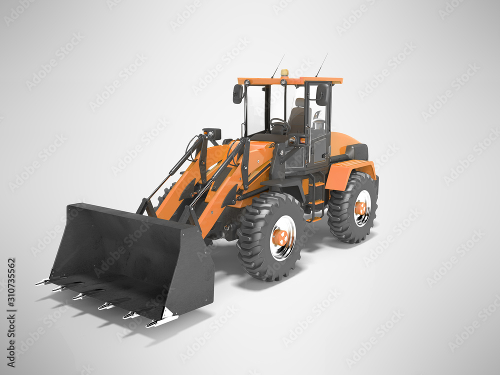 Orange large road frontal loader for road works 3D rendering on gray background with shadow Orange large road frontal loader for road works 3D rendering on gray background with shadow