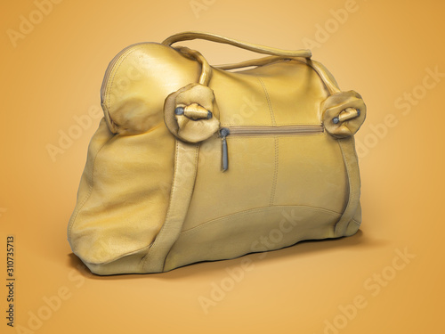 Yellow women bag with short handles 3D rendering on orange background with shadow