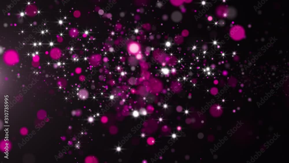 Pink glitter texture sparkles flying on dark background. 4k glittering footage. Abstract animation backdrop.
