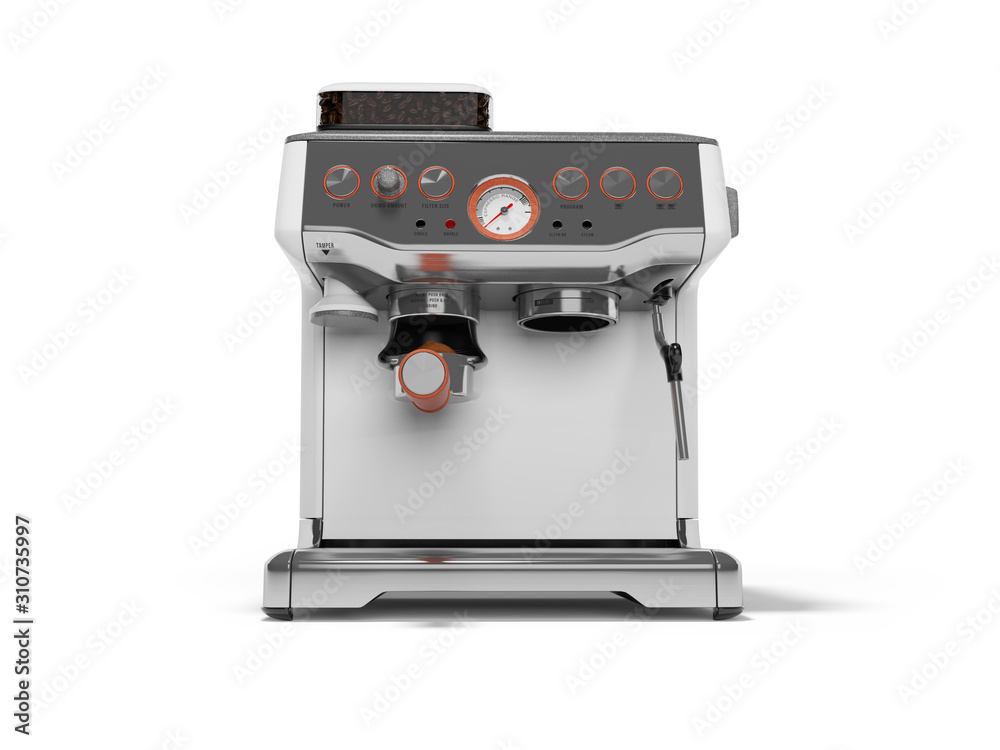 3D rendering metal home coffee machine on white background with shadow