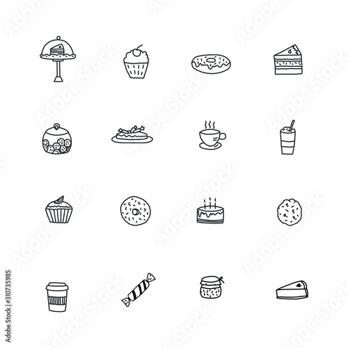 Food icons set. Cartoon template. Hand drawn objects for posters,menu, greeting cards, web designs, wrapping paper, textile, wallpaper, holiday letters, home decor, other projects.