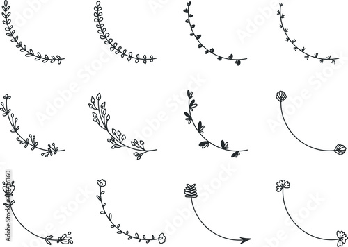 Hand drawn set of line frames on a white background. Sketch elements of floral and herbs ornaments for banner design. Line border collection. Arrows. Isolated separators. Vintage border. 