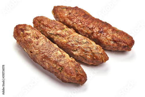 Fried american breakfast sausages, isolated on white background