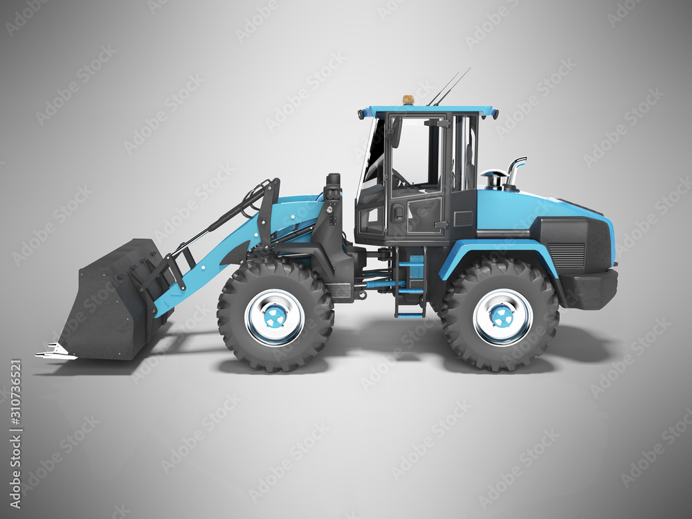 Fototapeta premium Blue large road frontal loader side view 3D rendering on gray background with shadow