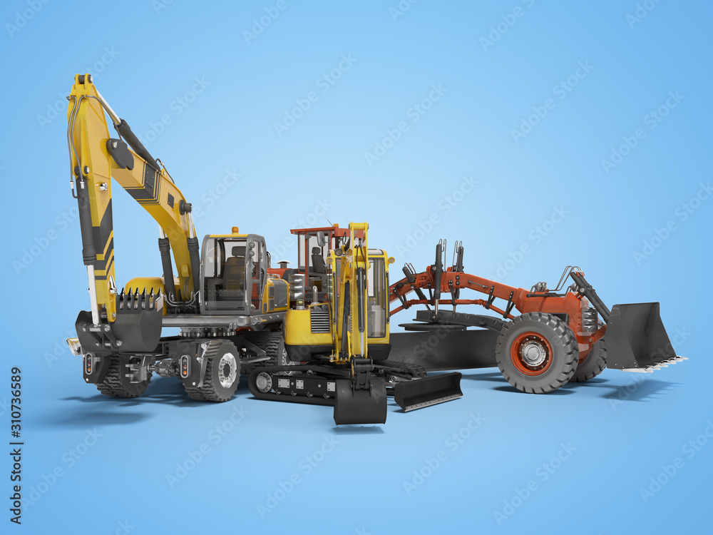 Group concept road construction equipment 3D rendering on blue background with shadow
