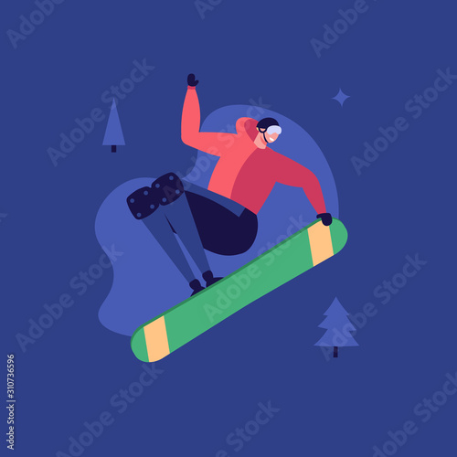 Concept of winter activities, holidays and snowboarding, healthy style. Isolated young man active in the winter outdoors wth snowboard. Vector illustration in flat design