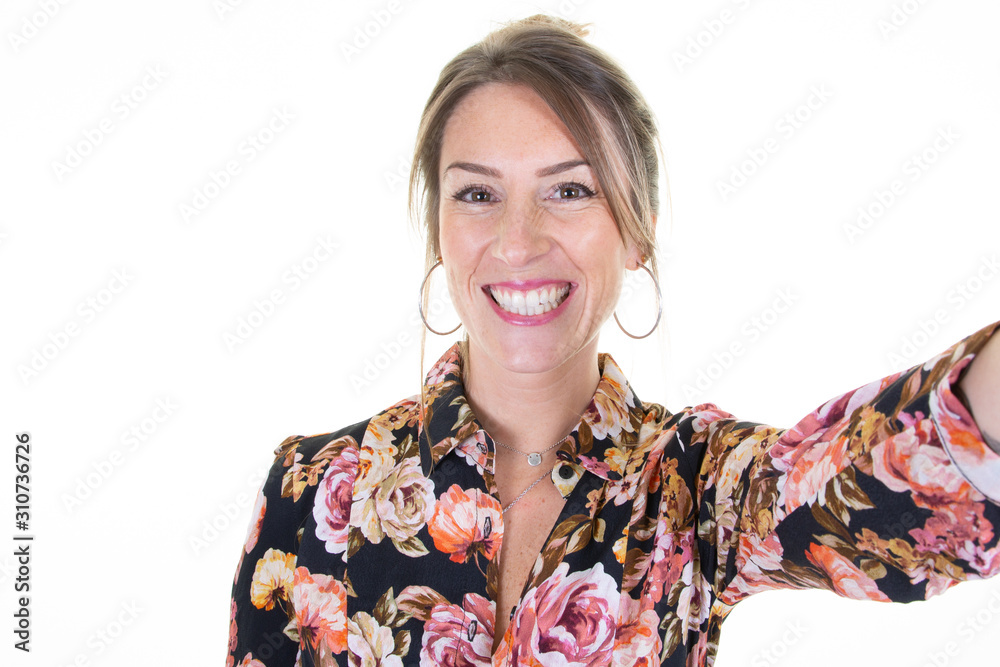 Portrait of young beauty woman make selfie on white background Portrait of young beauty woman make selfie on white background