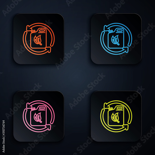Color neon line Bio fuel canister icon isolated on black background. Eco bio and barrel. Green environment and recycle. Set icons in colorful square buttons. Vector Illustration