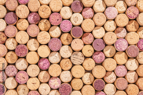 Random selection of used wine corks, wall of used corks, wine corks background, top view