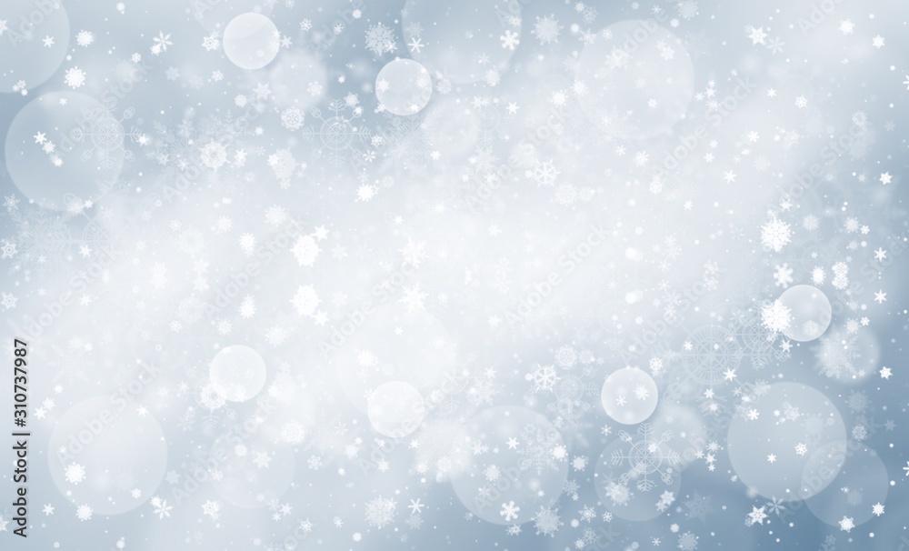 Blue abstract background. white bokeh snowflake blurred beautiful shiny lights. use for Merry Christmas /happy new year wallpaper backdrop and your product.