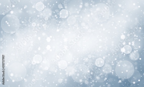 Blue abstract background. white bokeh snowflake blurred beautiful shiny lights. use for Merry Christmas /happy new year wallpaper backdrop and your product.