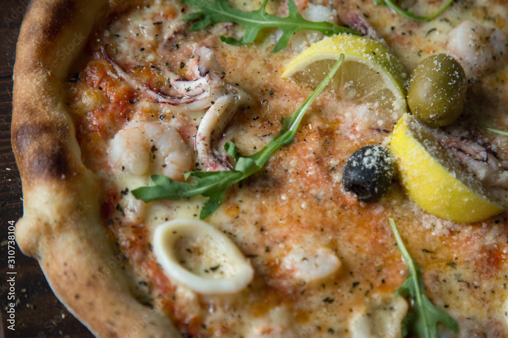 Italian pizza with squid and shrimp Italian pizza with squid and shrimp