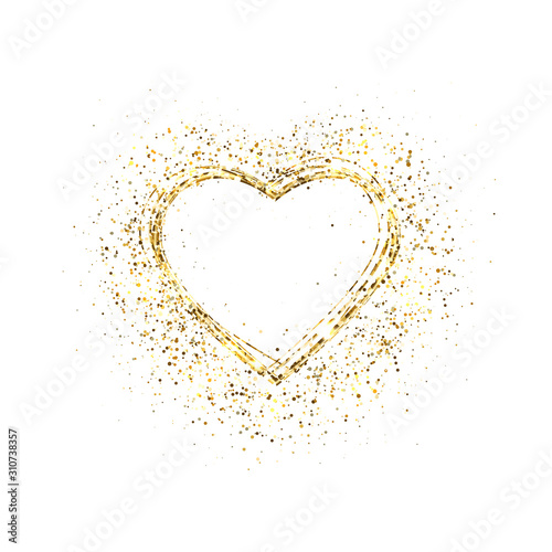 Glitter gold heart frame with space for text. Glowing heart with sparkles and star dust. Holiday luxury design. Valentines Day card. Romantic design with symbol of love. Vector illustration