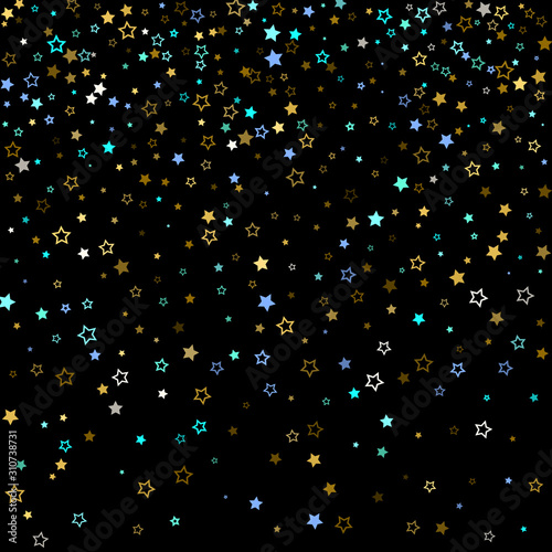 Gold, Blue stars, sprocket, shiny confetti. 