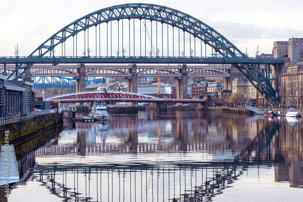 Bridges mirrored in the River Tyne, Newcastle, UK Bridges mirrored in the River Tyne, Newcastle, UK
