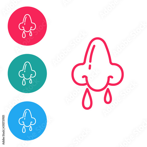Red line Runny nose icon isolated on white background. Rhinitis symptoms, treatment. Nose and sneezing. Nasal diseases. Set icons in circle buttons. Vector Illustration