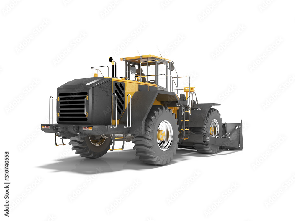 Bulldozer wheel universal orange isolated 3D rendering on white background with shadow