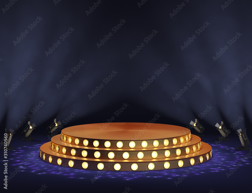 Theater stage with golden decorative podium, volume light and smoke.