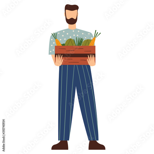 Man holding wooden box with vegetables. Concept of eco products delivery or vegetarian food. Man with groceries. Flat vector illustration